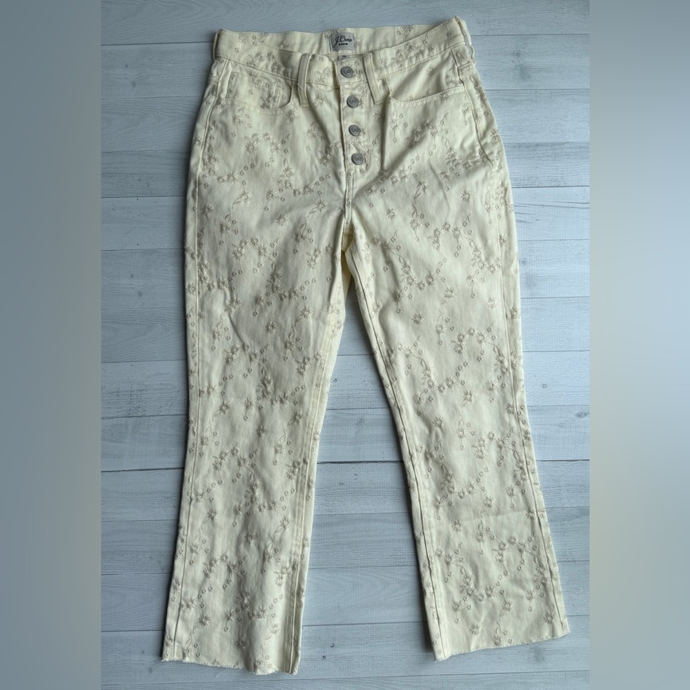 J Crew Billie Demi Boot Cut Crop Cream Floral Embroidered Jeans Size 26 - Picture 1 of 13